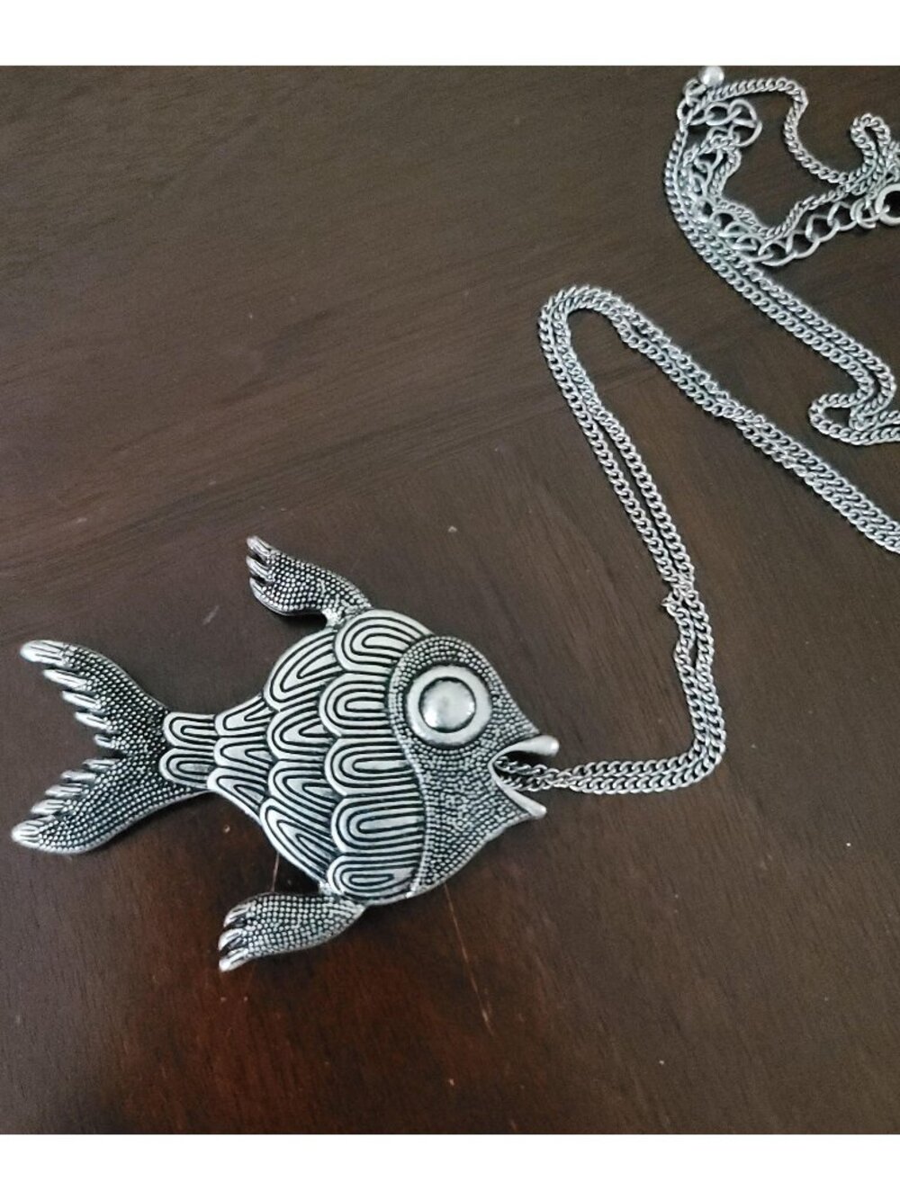 Vintage Silver Tone Textured Fish Pendant Necklace Ornate Detailed Boho